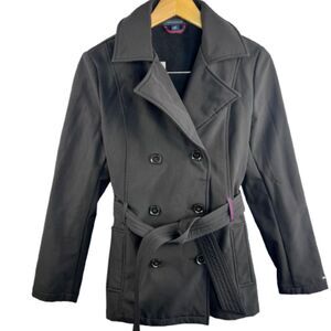 Tommy Hilfiger Women's Black Belted Double Breasted Fleece Trench Coat Size S